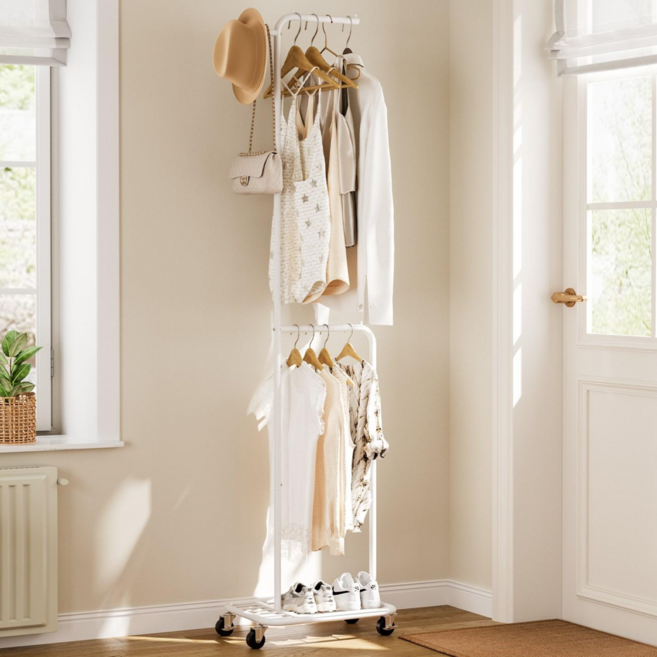 ONESOWON 철제 2단 이동식 슬림 옷걸이 ㄱ자 스탠드 행거, 화이트