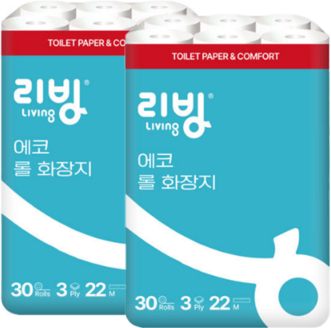 리빙티슈 3겹 에코스마일 롤화장지, 22m, 30개입, 2개