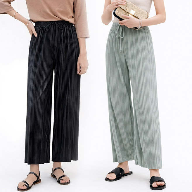1+1 여성 플리츠 와이드팬츠 여름 가벼운 밴딩 경량 데일리 통바지