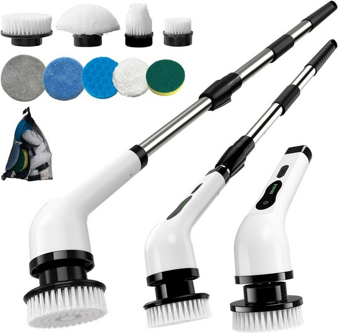 킹웰 전기 스핀 러버 청소용 무선 브러시 헤드 9개 속도 2개 조절 가능한 손잡이 3개 작업 시간 90분 욕실용 샤워 욕조 바닥 흰색