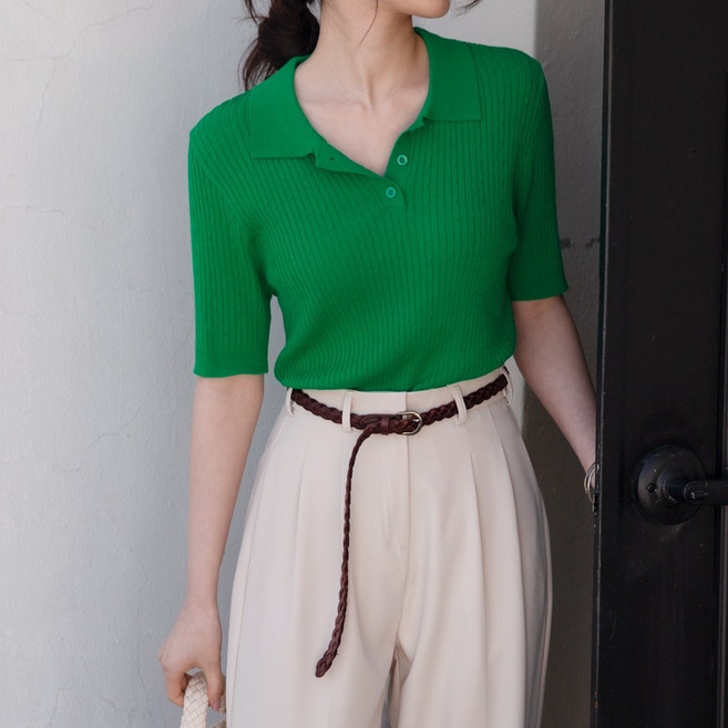 데일리앤 드먼 여성 골지 꽈배기 카라 5부 반팔 니트 티셔츠 봄 여름 가을