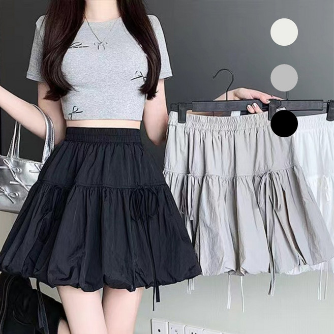 벌룬 리본 밴딩 A라인 미니스커트 속치마 여름 데일리룩 블랙 그레이 화이트