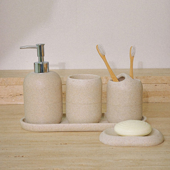 호텔 욕실 도자기 디스펜서 4종 세트 세라믹 칫솔꽂이 양치컵 비누받침 화장실 세트용품, 1개, B급 상품 베이지
