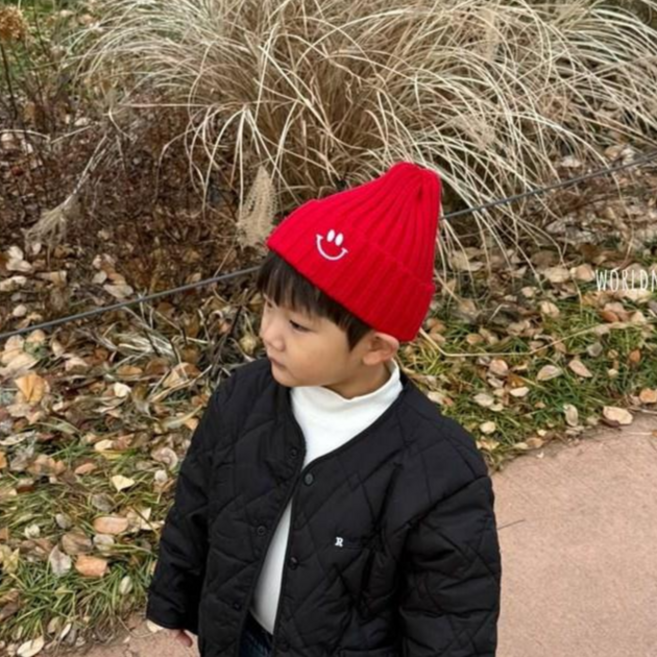 월드모자 스마일 자수 니트 비니 겨울 방한 모자 유아모자 아동모자