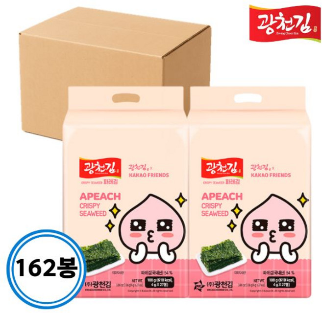 [카카오프렌즈] 광천김 파래김 도시락김 4gx27봉 6개 (162봉) 한박스, 4g