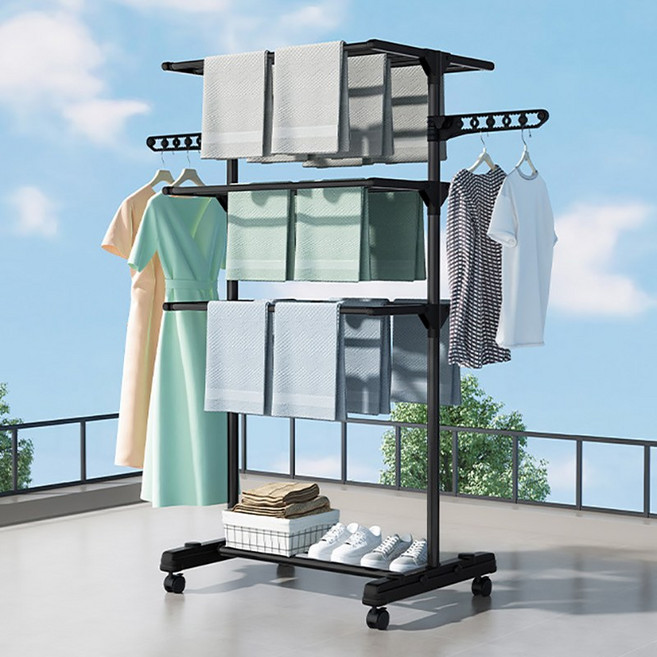 콜콜러브 이동식 접이식 빨래건조대 수건건조대 베란다빨래건조대 이불건조대 원룸 베란다 플로어 이동식건조대, 블랙