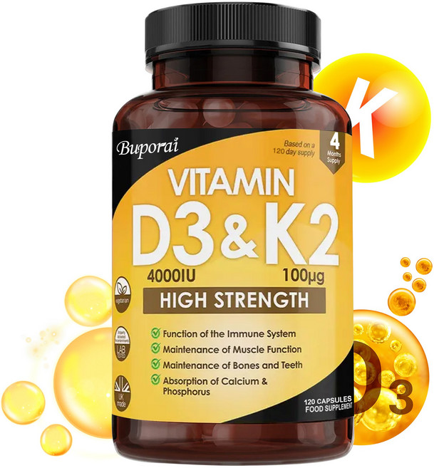 비타민 D3 K2 - 비타민 D3 4000iu 및 비타민 K2 100ug(MK7) 면역력 칼슘 흡수 및 뼈 건강에 도움 비유전자변형., 1개, 120정