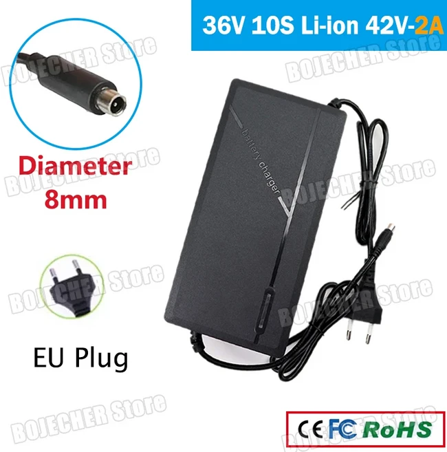 36V 2A 리튬 배터리 충전기 42V 10S 이온 팩 직경 8mm 고속 전원 공급 어댑터 (샤오미용), 01 EU Plug, 01 36V 2A EU