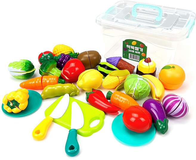 아동용 싹둑썰기 과일 자르기 28종 소꿉놀이 세트 26 x 19 x 13 cm, 혼합색상, 1개