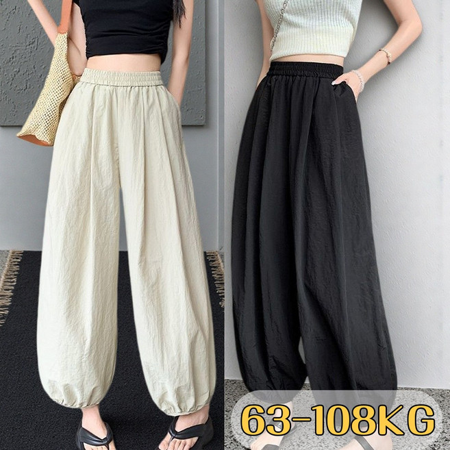 여성 캐주얼 린넨 와이드 긴바지 오버핏 허리 밴딩 면마 긴바지 조거팬츠~100KG까지