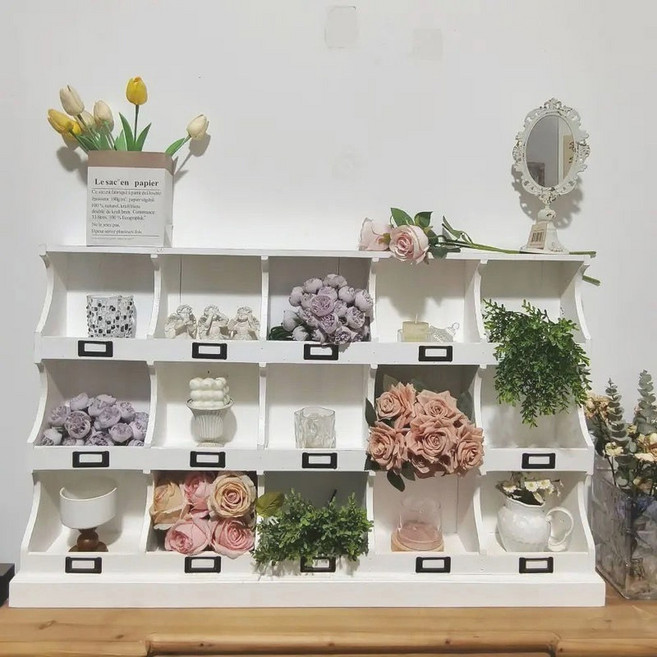 화분진열대 스탠드 원목 101X17X62 홈가드닝 15그리드 전나무 화분 정리대 선반, 빈티지 구제 화이트 15칸, 1개, 빈티지 화이트 원목 15칸 컵 홀더