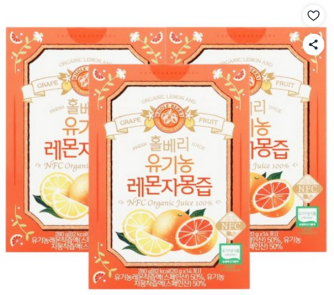 홀베리 유기농 레몬 자몽즙 착즙액, 280g, 3개