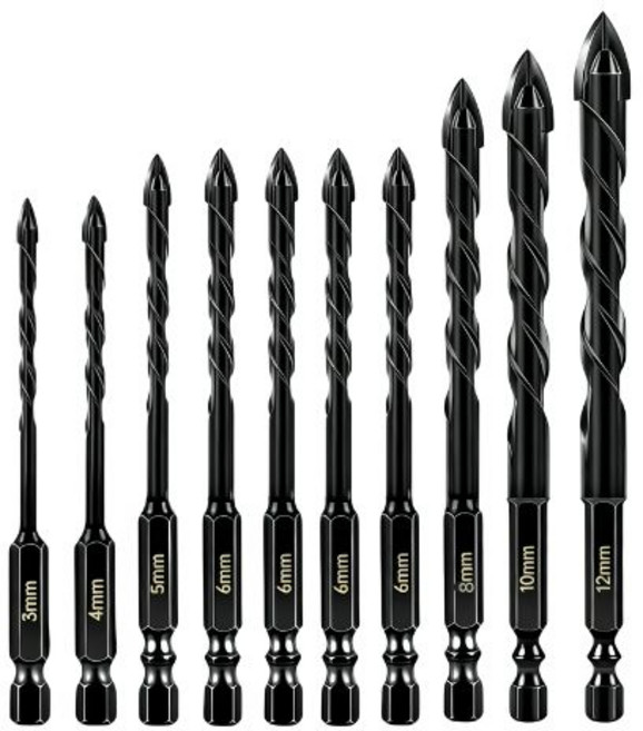 4날 만능 드릴비트 콘크리트 타일 드릴 비트 10개입 세트, 1
