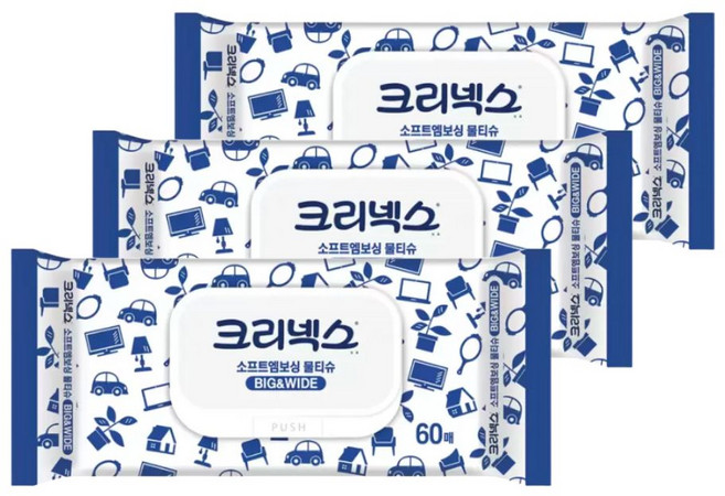 크리넥스 큼직한 소프트엠보싱 안심물티슈, 60매, 3개