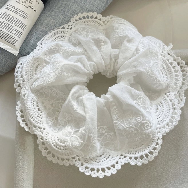 로엔나 여성용 빅사이즈 크런치 곱창 헤어밴드 레이스 머리끈 화이트