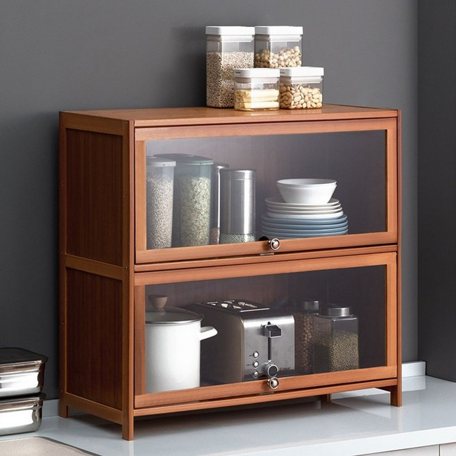 원목그릇장 엔틱 유리문) 2층 길이 찬장 60cm 커피장 플립 주방수납 카페장 (투명, 월넛 2층 길이 80m