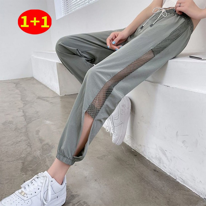 AOUGK 1+1 여성 아이스 조거팬츠 시스루 밴딩바지 그물 추리닝바지 빅사이즈 냉감 팬츠 데일리