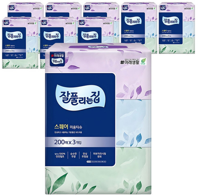 잘풀리는집 스퀘어 천연펄프 미용티슈 2겹, 9개, 200매