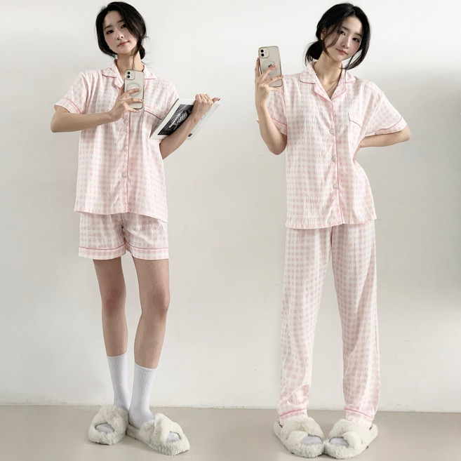 제이앤썸 파자마 상하의 3부 반바지 긴바지 반팔 상의 체크 잠옷 홈웨어 셋업 3종 세트
