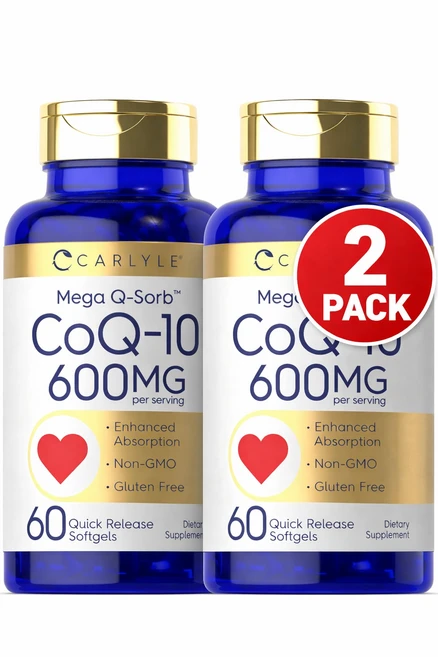 Carlyle CoQ10 600mg 소프트젤 | 60개 | Mega Q-Sorb 코엔자임 Q-10 | 흑후추 추출물 포함 | GMO 프리 및 글루텐 프리 보충제, 60정, 2개, 활력 - 쿠팡