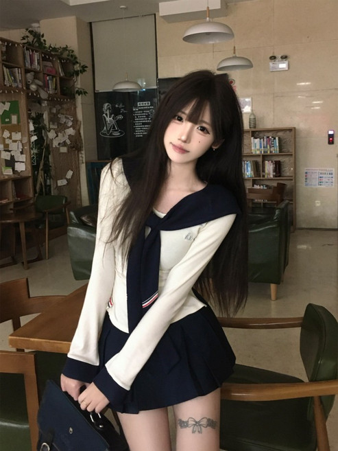航海少女 海軍領水手服 修身T恤兩件套 JK制服 上衣 春