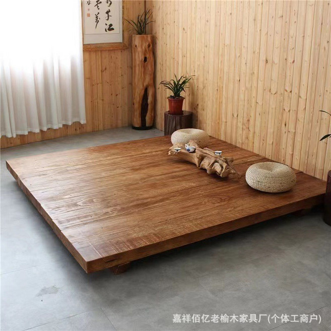 中式老榆木雙人床 實木做舊設計家居臥室床架, 原木色