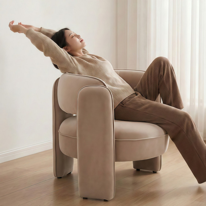 다야레인 모던 1인용쇼파 푹신한 벨벳 라운지 오픈 등받이 수유의자 배럴 원목 프레임, 카키