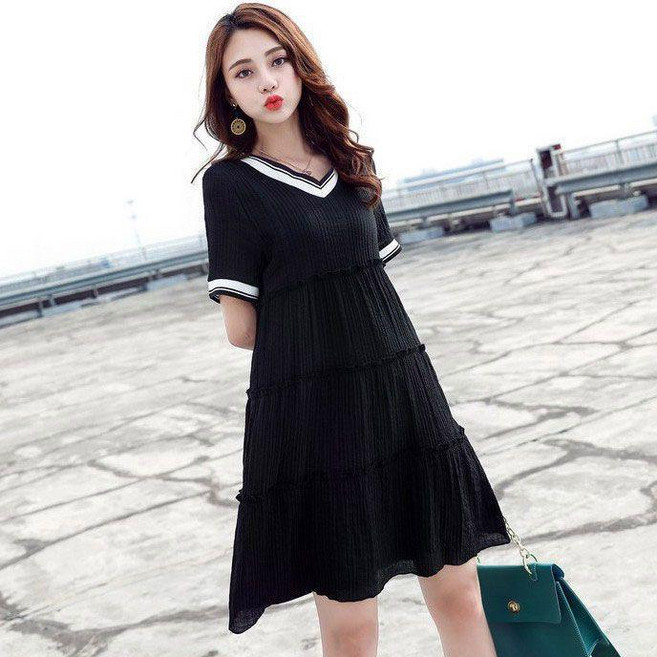 大碼連衣裙女 中長款寬鬆減齡遮肚顯瘦雪紡爆款連衣裙, 黑色,XL 60.0-65.0公斤, 黑色