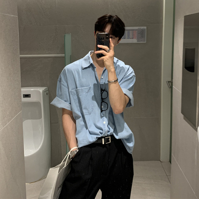 ANYOU 남자 여름 루즈 오버핏 데님 반팔 셔츠 빅사이즈 청남방