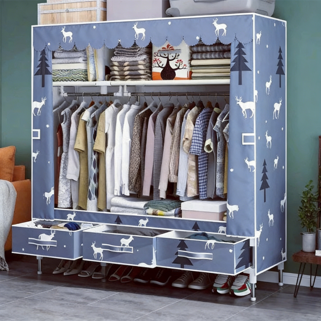 簡易衣櫃 門簾式設計 附抽屜 加固多掛衣架 無紡布衣櫃, 林間