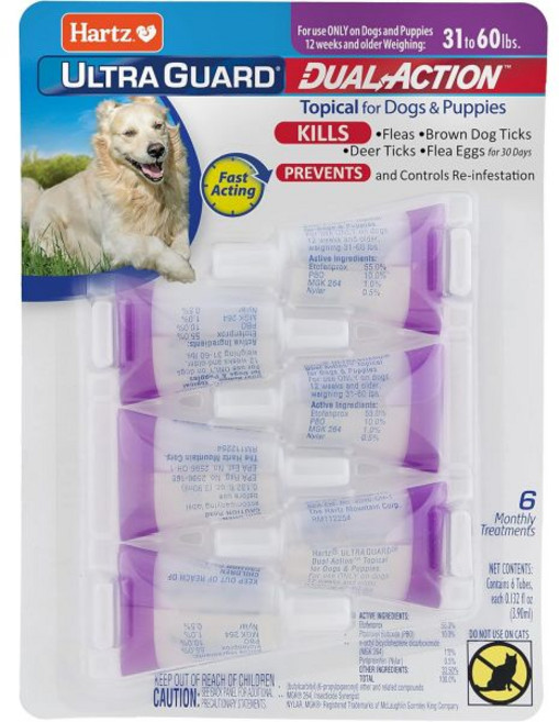 하츠 울트라가드 듀얼 액션 벼룩 진드기 토픽 도그 강아지 트리트먼트 예방 6개월 3160파운드, 31-60 Pounds, 1개