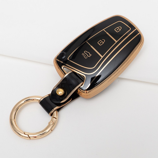 현대 싼타페 그랜저 호환 차 키 케이스 홀더 커버 스마트 리모컨 TPU 원형 스트랩, 3버튼_TA62-KH13, 블랙