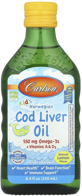 Carlson 어린이용 노르웨이 대구 간유 천연 레몬 맛 250ml(8.4fl oz), Carlson어린이용노르웨이대구간유천연레몬맛250ml8, 250ml - 쿠팡