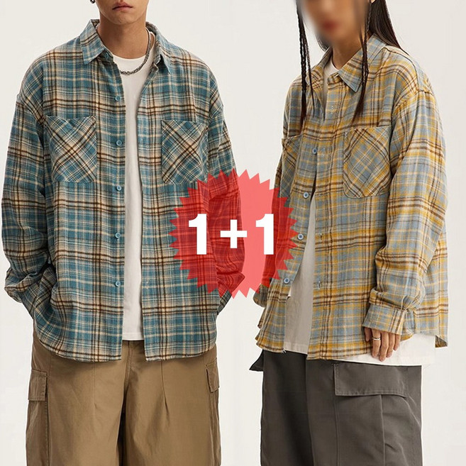 지디오 남녀공용 체크 셔츠 2개 세트 빅사이즈 카라넥 긴팔 포켓 커플 간절기 남방