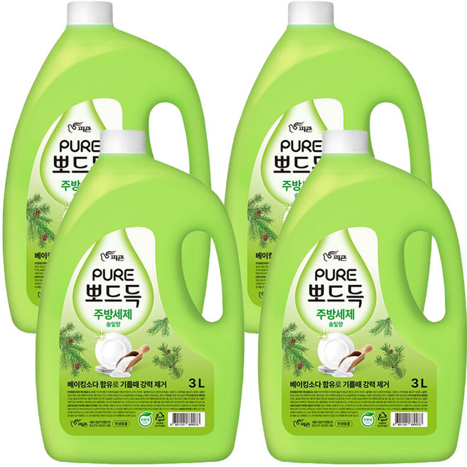 피죤 주방세제 퓨어 뽀드득 솔잎향 3L - H.C, 4개