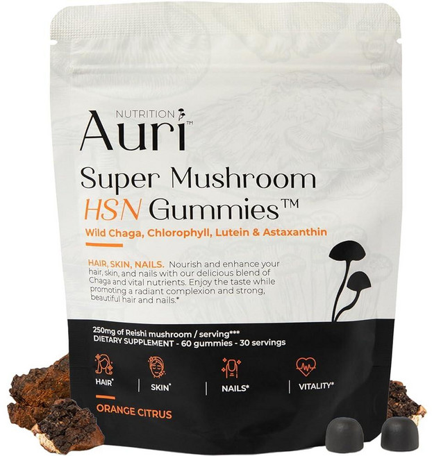 Auri Nutrition Super Mushroom HSN 젤리 - 모발 피부 및 손톱 젤리 기능성 버섯 보충제 - 야생 차가 엽록소 루테인 및 아스타잔틴 포함 - 오렌지, 60