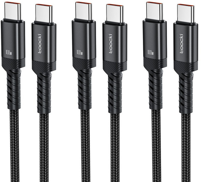 Toocki 단선 방지 E Marker 칩 100W C to C 타입 초고속 메탈 충전 케이블, 블랙, 3개, 3m