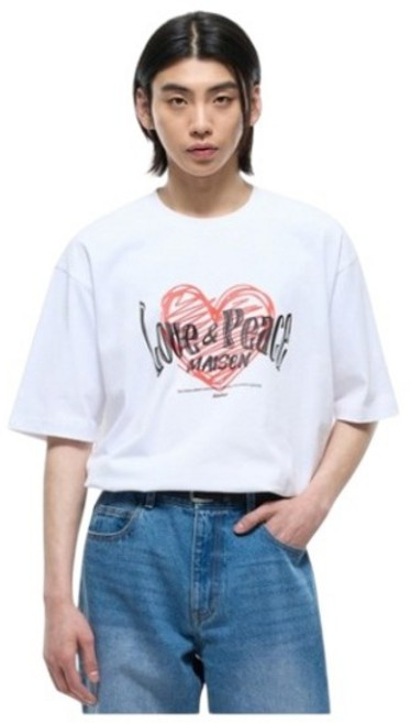 TNGT 남성용 통기성 세미오버핏 Heart 로고 반팔 티셔츠