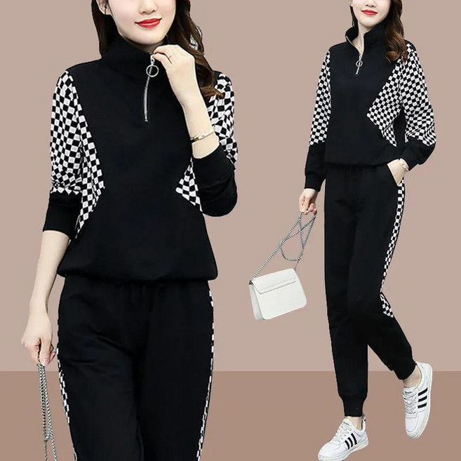 빅사이즈 여성 체크 트레이닝복 투피스 바지세트 봄가을 배색 반집업 맨투맨 조거팬츠 츄리닝