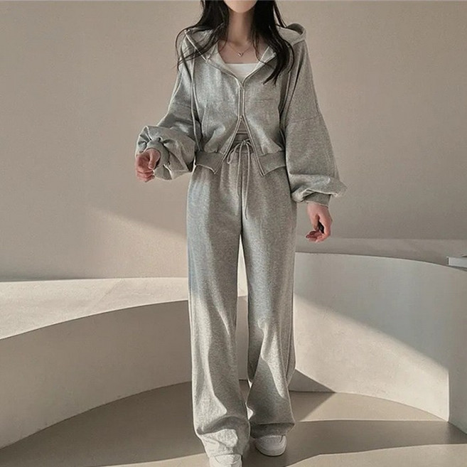 핀디걸 슬림핏 골지 긴팔 후드집업 바지 상하의세트