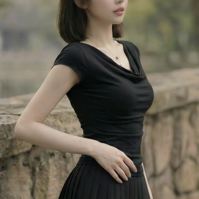 러아카 여성 여리넥 골지 반팔 크롭티 슬림핏