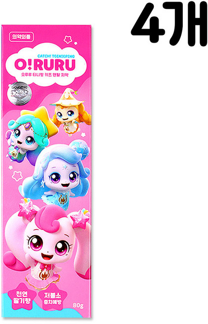 캐치티니핑 O!RURU 티니핑 키즈 치약 80g 천연딸기향 저불소 충치예방 어린이치약, 4개