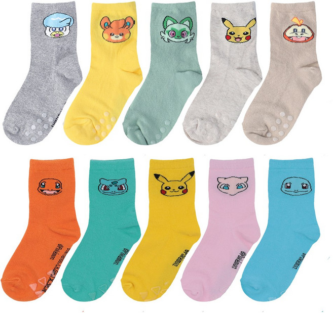 포켓몬스터 1세대 9세대 캐릭터 양말 10켤레 미끄럼방지 피카츄 꼬부기 파이리 이상해씨 뮤 나오하 뜨아거 빠모 캐릭터 봄 가을 중목 요술 양말