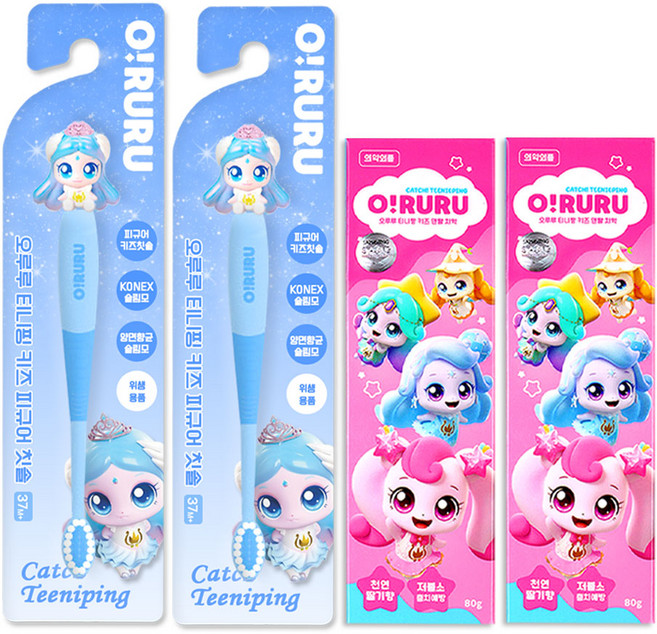 캐치티니핑 피규어 칫솔 + 캐치티니핑 치약, 2세트, 2개입, 사뿐핑+치약