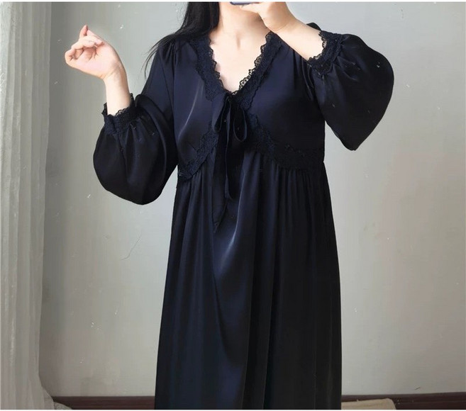 [55-99]레이스 프릴 리본 실크 롱 긴팔 오버핏 원피스 홈웨어 공주님 잠옷 빅사이즈 봄 여름 파자마파티