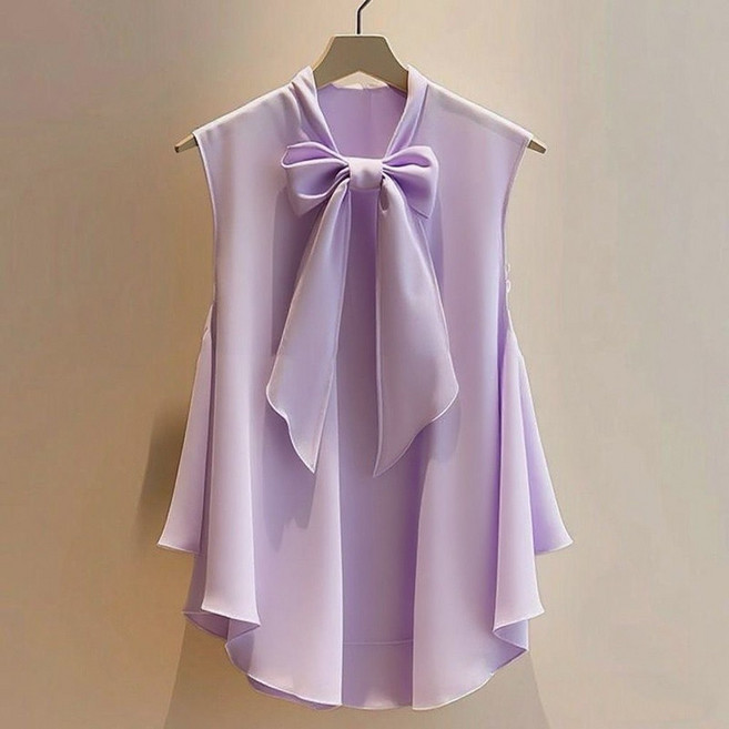 ROYALBELLE 여성 리본 루즈핏 우아한 페미닌 무소매 쉬폰 블라우스 K0031213
