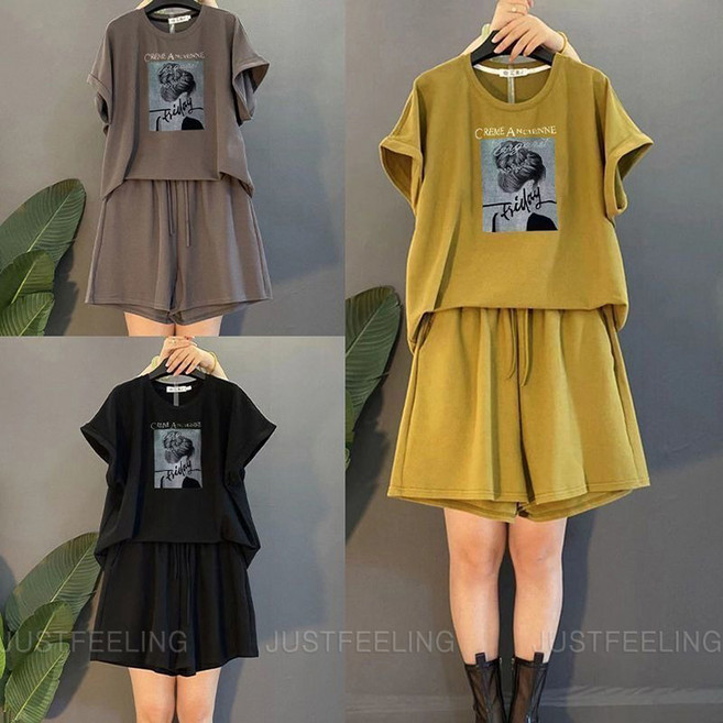 빅사이즈 반팔 상하의 세트 봄 여름 여성 캐주얼 트레이닝 반팔티 티셔츠 밴딩 반바지 상하의 JUSTFEELING