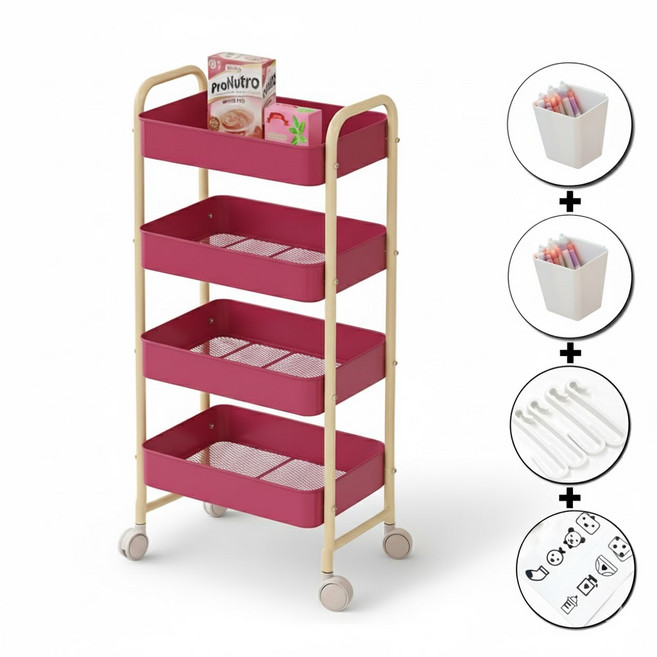 메종리케 철제 이동식 트롤리 서랍장 정리함 수납 주방 선반 이동용 수납장 다용도, 4단, 체리핑크+옐로우