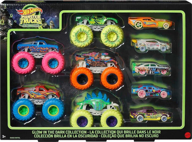 Hot Wheels Toy Monster Trucks 야광 1:64 스케일 차량 10팩 GITD 트럭 5개 및 자동차 5개 세트 어린이 및 수집가를 위한 놀이 차량, 1개