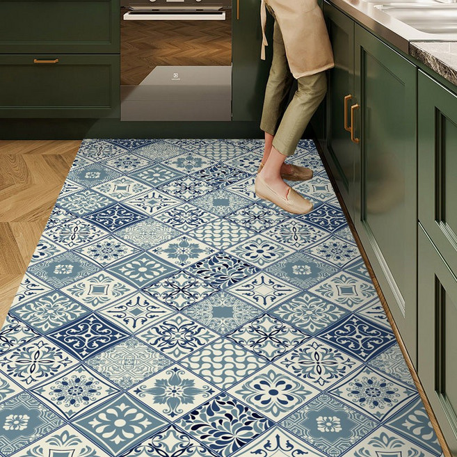 GHKO 기름방지+미끄럼방지 대형 주방 롤매트쿠션 주방매트 싱크대 방수 PVC 주방매트 트렌디고 잘라쓰는 주방매트 특대형 미끄럼방지매트 현관 바닥매트, 복고 블루, 1개